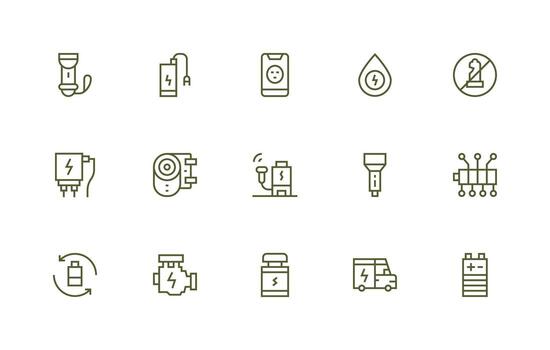 batería diseño íconos presentando 15 en regular línea estilo ordenado icono conjunto vector