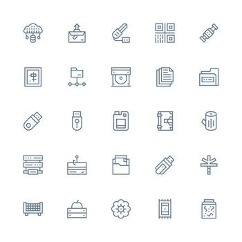 datos almacenamiento visual paquete conteniendo 25 medio carrera contorno íconos ui y ux enfocado icono colección vector