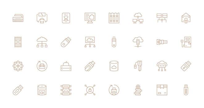 Digital Storage Design Icons featuring 32 in Thin Line Style Detailed Icon Collection for Design Systems vector