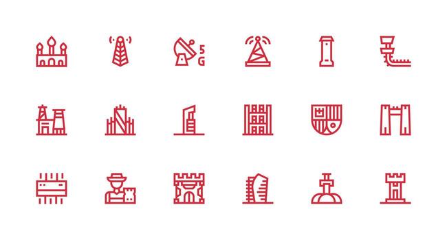 18 Icons for Tower in Strong Stroke Line Format Icon Set for Apps vector