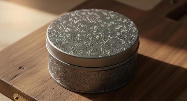 A close-up, high-angle shot of a round, silver tin with an intricate embossed floral pattern on a wooden surface photo