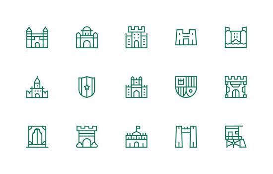 castillo icono conjunto con 15 regular línea gráficos aplicación icono paquete vector