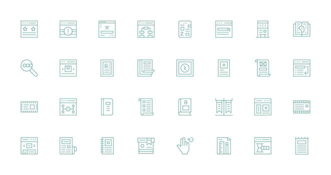 página visual paquete conteniendo 32 Delgado línea íconos claro y conciso icono conjunto colección vector