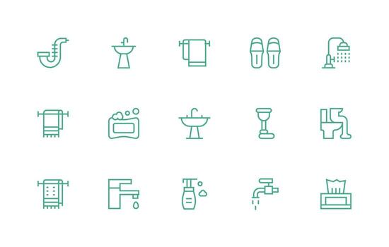 Bathroom Design Icons featuring 15 in Regular Line Style Detailed Icon Collection for Design Systems vector