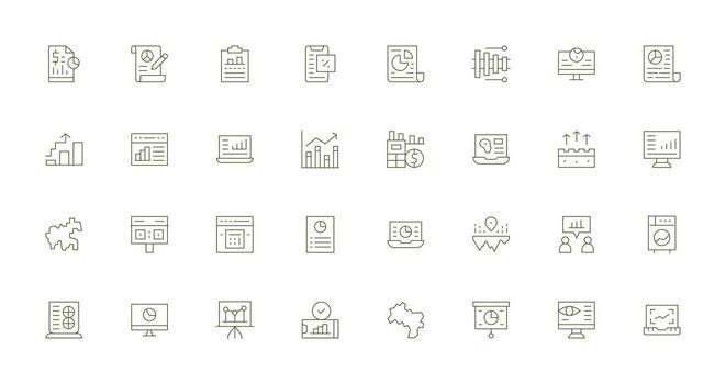 Statistics including 32 Thin Line Illustrations Icon Set for Projects vector