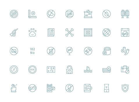 prohibido presentando 35 íconos en ligero línea diseño escalable íconos para todas temas vector