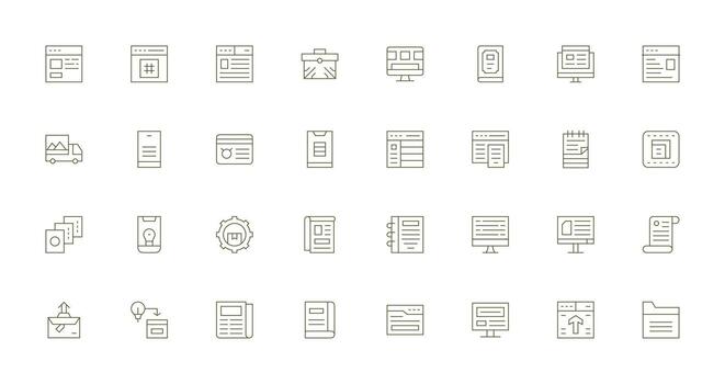 32 íconos para contenido administración en Delgado línea formato mínimo icono paquete vector