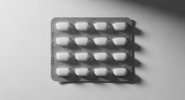 Blister pack of white pills on a white background, overhead shot with soft lighting, highlighting the texture and arrangement of the medication photo