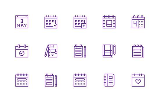 Diary Design Icons featuring 15 in Regular Line Style UI-Ready Icon Collection vector
