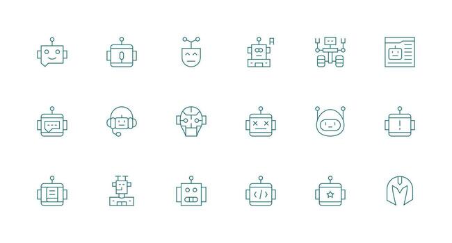robot presentando 18 íconos en mínimo línea diseño compacto icono conjunto vector