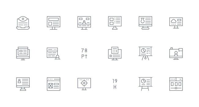 mínimo línea íconos desde datos monitor conjunto con 18 vectores completar icono conjunto para móvil aplicaciones