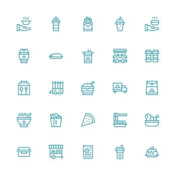 Takeout Icon Set with 25 Medium Stroke Outline Graphics Responsive Icon Set for Flexible Layouts vector