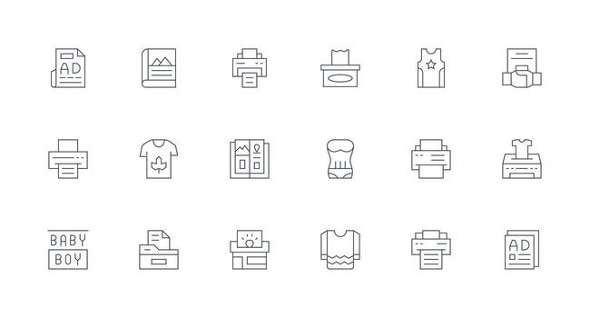 Print Design Icons featuring 18 in Minimal Line Style Multi-Purpose Icon Set vector