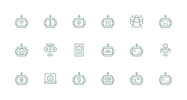 robot presentando 18 íconos en mínimo línea diseño icono paquete para varios temas vector