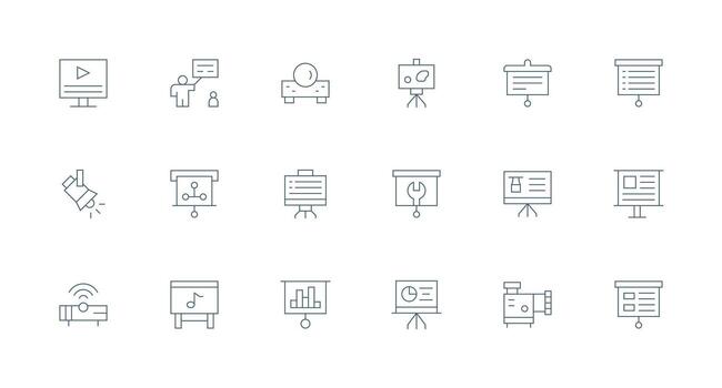Projector Design Icons featuring 18 in Minimal Line Style Design Ready Icon Set for Teams vector