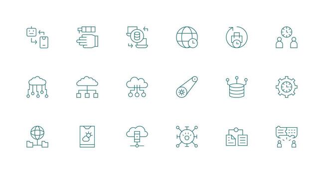 sincronización presentando 18 íconos en mínimo línea diseño web y aplicación icono paquete colección vector