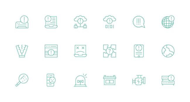 18 íconos para mal funcionamiento en mínimo línea formato mínimo icono conjunto para interfaz proyectos vector