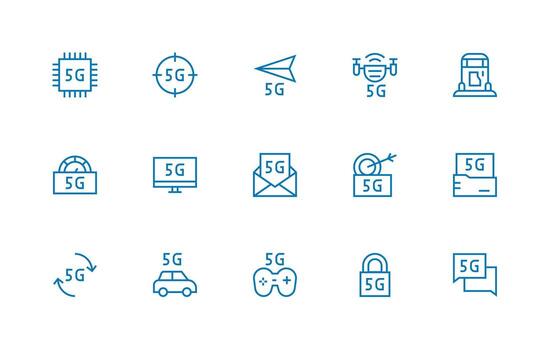 5G Icon Set with 15 Regular Line Graphics Essential Icon Collection vector