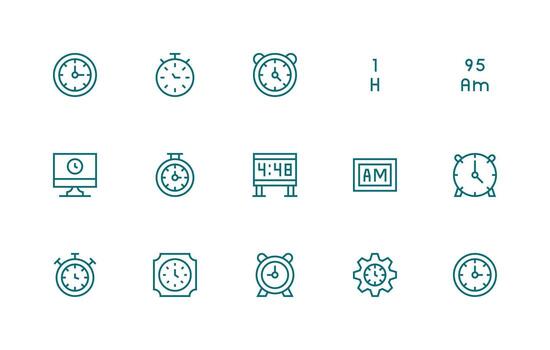 Regular Line Style Digital Clock Icons with 15 Vectors Design Ready Icon Set for Teams