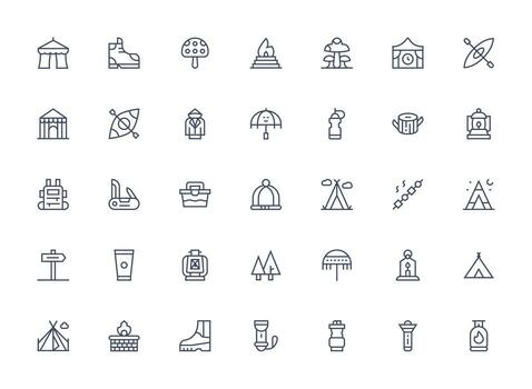 Camping Design Icons featuring 35 in Regular Clean Line Style Simple Icons for Interface and Wireframes vector