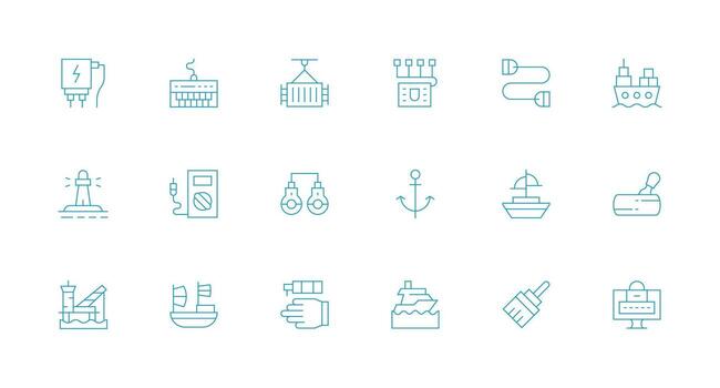 mínimo línea íconos desde Puerto conjunto con 18 vectores plano icono conjunto