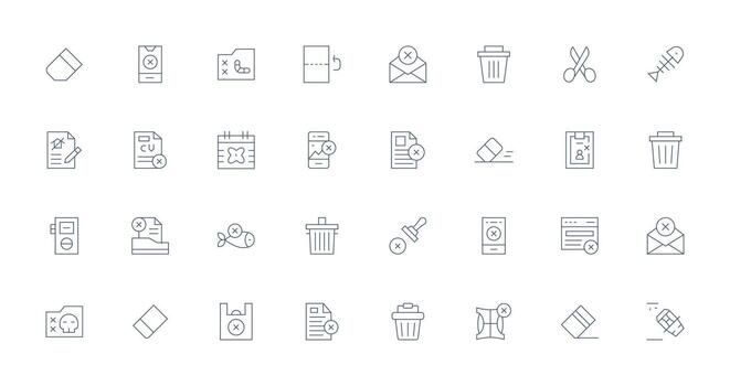 Eliminar diseño íconos presentando 32 en Delgado línea estilo personalizable icono serie para móvil pantallas vector