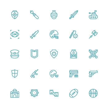 defensa conjunto con 25 medio carrera contorno íconos equilibrado icono conjunto para funcional diseño vector