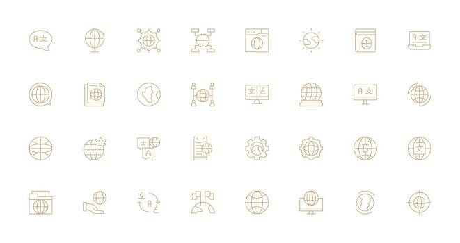 Delgado línea estilo internacionalización íconos con 32 vectores web icono colección