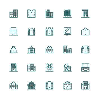 Office Building Visual Pack containing 25 Medium Stroke Outline Icons Balanced Icon Set for Functional Design vector
