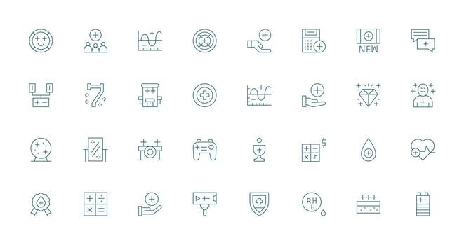 Plus Design Icons featuring 32 in Thin Line Style Interface Icons for Daily Use vector