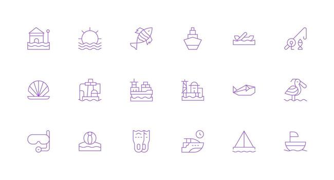 Ocean Icon Set with 18 Minimal Line Graphics Sharp Icons for Presentations vector