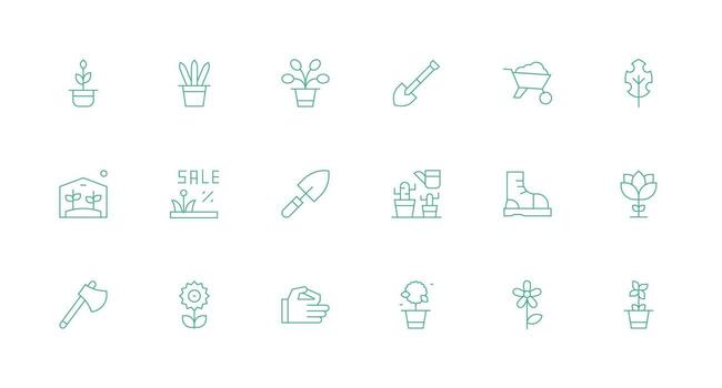 Gardening Set with 18 Minimal Line Icons Balanced Icon Set for Functional Design vector
