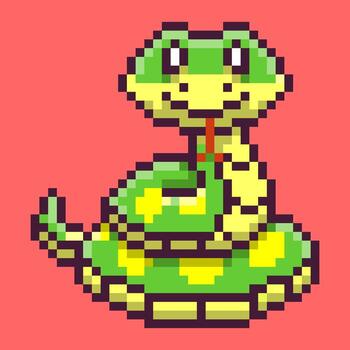 An adorable pixel art snake character designed in a friendly, retro 8-bit gaming style. This cute serpent mascot is coiled with a gentle smile brings a playful and nostalgic feel vector