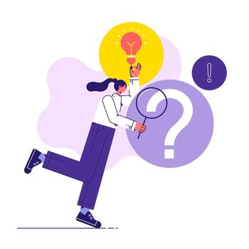Finding solution in business concept. woman holding magnifying glass over question mark symbol finding solution in work. Search for solution or new business opportunity vector
