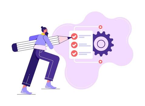 personal proceso mejoramiento, productividad, flujo de trabajo administración y proyecto rastreo conceptos, hombre con lápiz pone garrapata en frente de terminado Tareas y metas vector