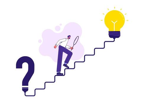 Problem solving, finding solution to solve problem, answer question, creativity or imagination, Man finding solution on stair connect question mark to lightbulb solution vector