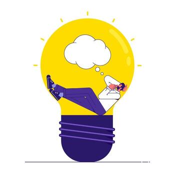 Innovation, or imagination for business success, thinking about idea, solution to solve problem concept. Man sitting and thinking in the lightbulb vector