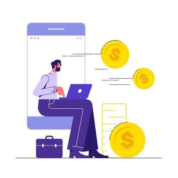 Man using laptop with virtual coins vector