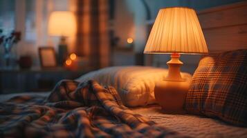 un cama con un lámpara y un cobija foto