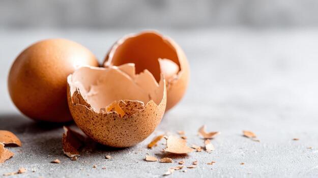 Close-up of Eggshell Fragments and Whole Eggs on a Gray Surface for Food-Related Concepts photo