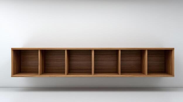 Empty Wooden Floating Shelf Against a White Wall Modern Interior Design and Storage Solution photo