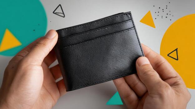 Mans hands presenting a stylish black leather wallet, showcasing sleek design and functionality photo