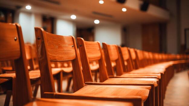 Empty Auditorium Rows of Wooden Seats Awaiting Audience Members for a Concert or Event photo