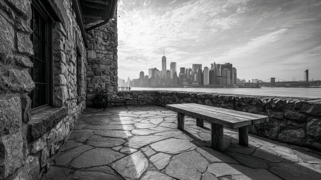 Monochrome View of Manhattan Skyline from Stone Terrace with Bench, Featuring Cityscape and River photo