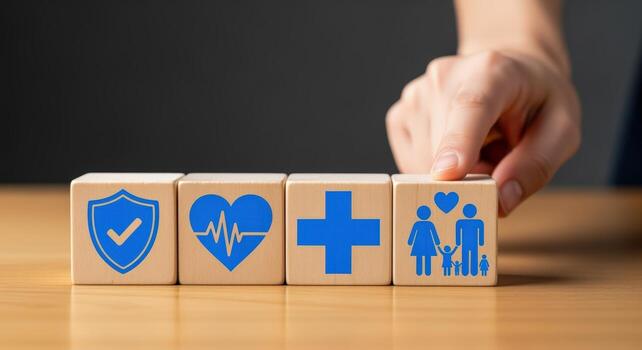 conceptual representación de salud, seguro, y proteccion mediante de madera bloques con salud símbolos foto