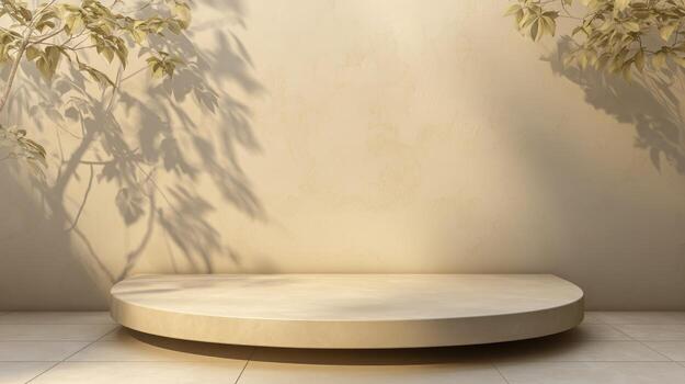 Elegant Product Display Platform with Natural Light and Plant Shadows for Product Mockups and Commercial Use photo