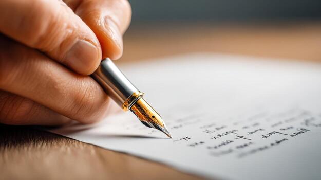 Hand Writes on Paper with Fountain Pen, Close-Up of Calligraphy and Elegant Writing photo