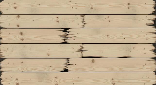 Overhead view of fractured pale wood planks with jagged edges, showcasing the raw grain and texture for a damaged or deconstructed effect photo
