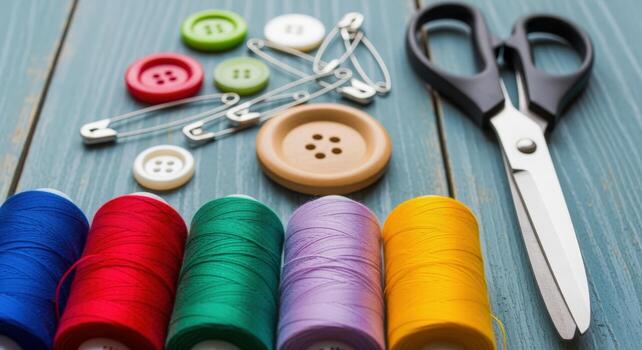 Sewing Still Life Colorful Threads, Buttons, Scissors and Pins on Blue Wood Background photo