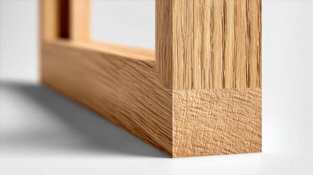 de cerca de madera marco esquina articulación, exhibiendo grano, textura, y carpintería en blanco antecedentes foto